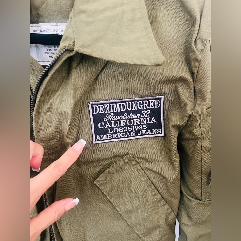 💣🫒DENIMDUNGREE GREEN AVIATOR BOMBER JACKET W/PATCH WORK SIZE X-S/SMALL - Picture 3 of 11